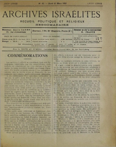 Archives israélites de France. Vol.80 N°13 (27 mars 1919)